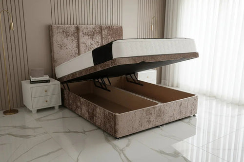 Elegance Ottoman Gaslift Bed – 50" Tall Cubed Headboard in Luxury Velvet