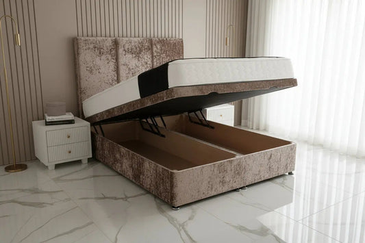 Elegance Ottoman Gaslift Bed – 50" Tall Cubed Headboard in Luxury Velvet