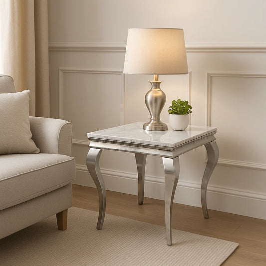 Lewis Lamp Table – Marble or Ceramic Top with Chrome Frame (50cm)