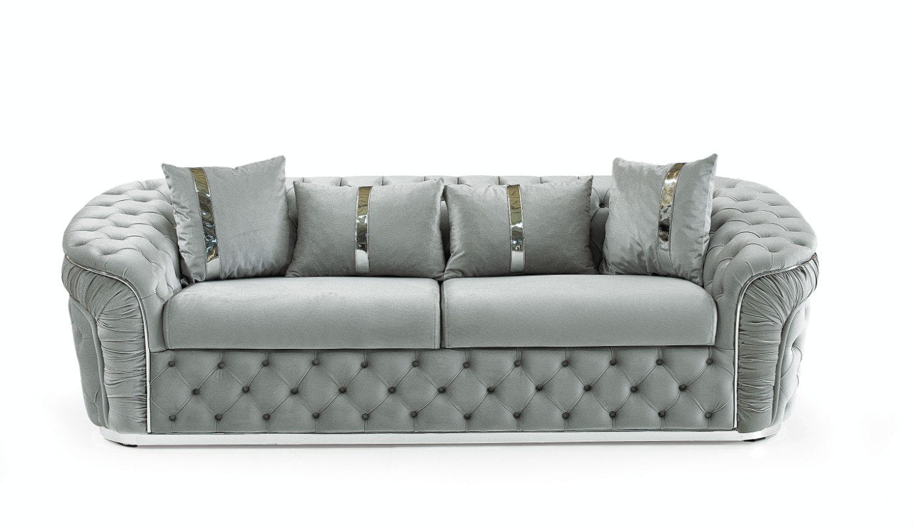 Ambassador 3 Seater Sofa Silver Velvet with Chrome Detailing | Luxury Modern Sofa Set CELEBRITY INTERIORS