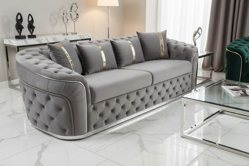 Ambassador 3 Seater Sofa Silver Velvet with Chrome Detailing | Luxury Modern Sofa Set CELEBRITY INTERIORS