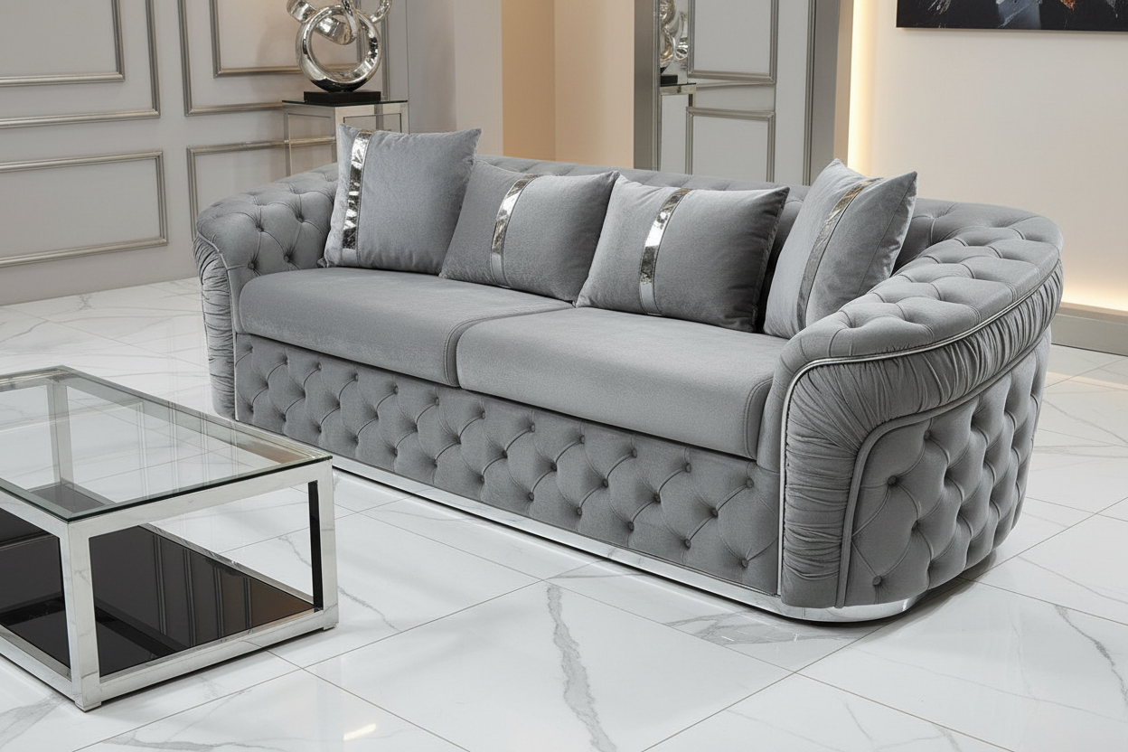 Ambassador 3 Seater Sofa Silver Velvet with Chrome Detailing | Luxury Modern Sofa Set CELEBRITY INTERIORS