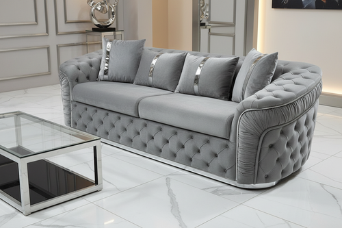 Ambassador 3 Seater Sofa Silver Velvet with Chrome Detailing | Luxury Modern Sofa Set CELEBRITY INTERIORS