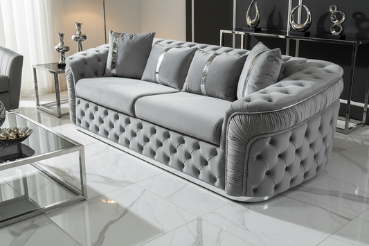 Ambassador 3 Seater Sofa Silver Velvet with Chrome Detailing | Luxury Modern Sofa Set CELEBRITY INTERIORS