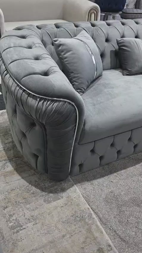 Ambassador 3 Seater Sofa Silver Velvet with Chrome Detailing | Luxury Modern Sofa Set