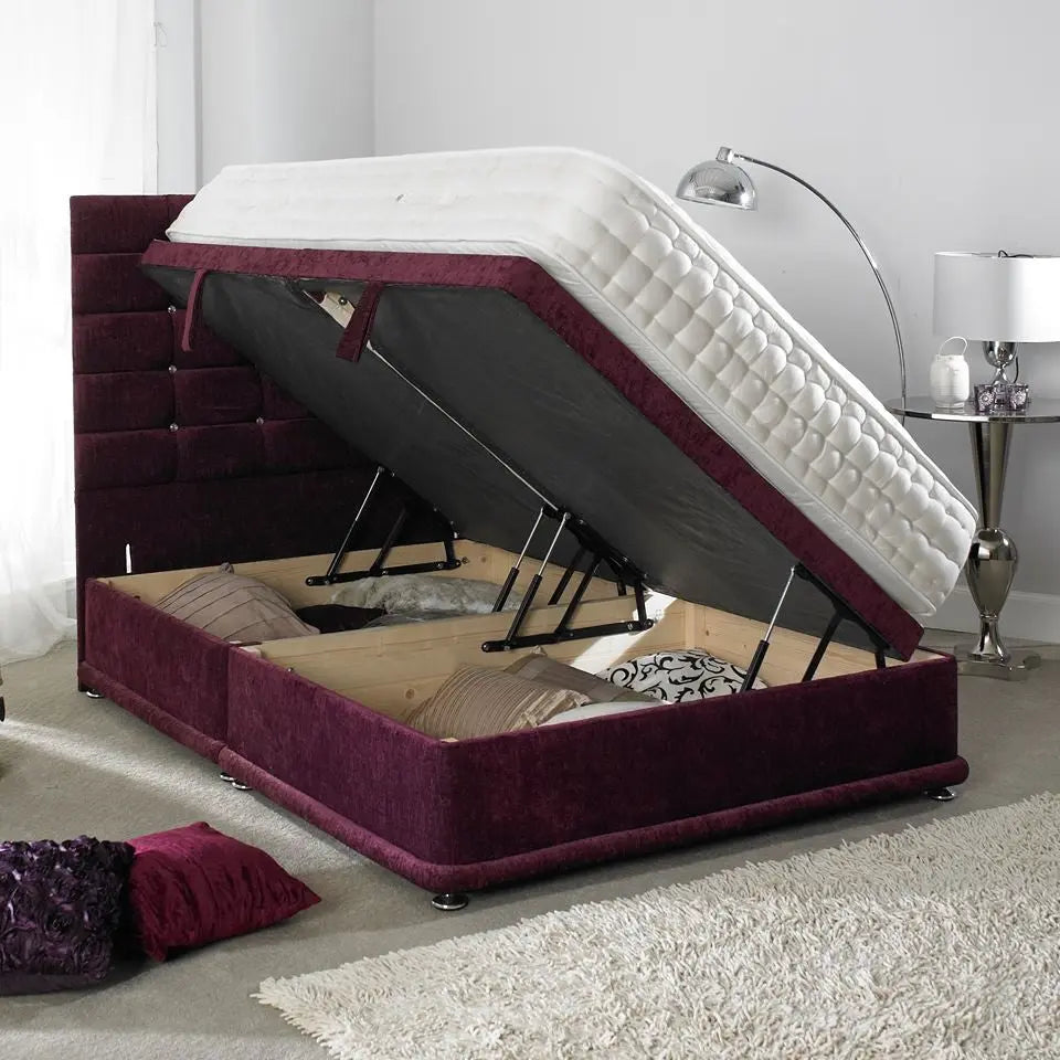 Cube Style Gaslift Ottoman Bed – Crushed Velvet Upholstery with 50" Floor-Standing Headboard