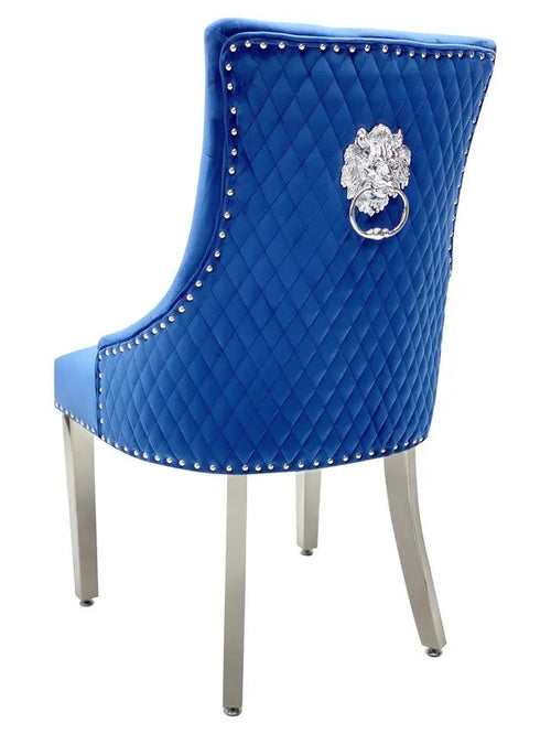 California Grey Marble Dining Table + Majestic Grey Velvet Dining Chairs – Modern Luxury Dining Set Navy & Chrome