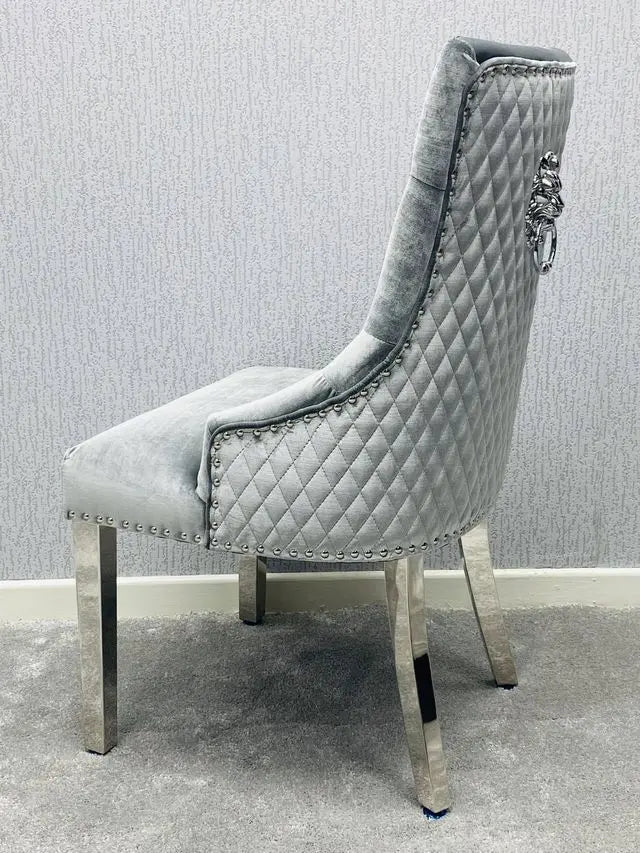 California Grey Marble Dining Table + Majestic Grey Velvet Dining Chairs – Modern Luxury Dining Set Silver & Chrome