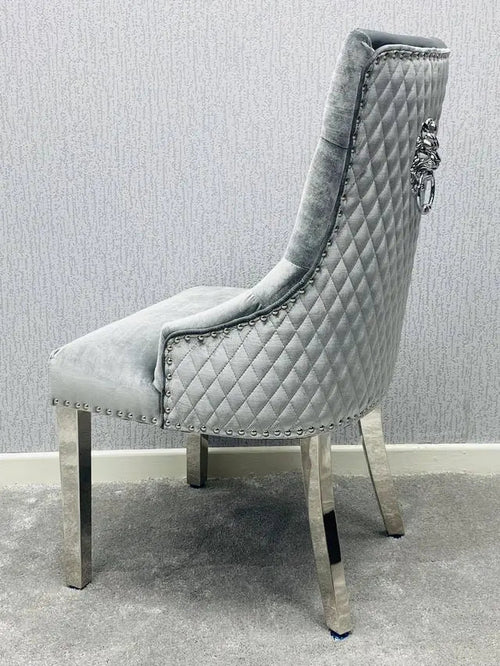 California Grey Marble Dining Table + Majestic Grey Velvet Dining Chairs – Modern Luxury Dining Set Silver & Chrome