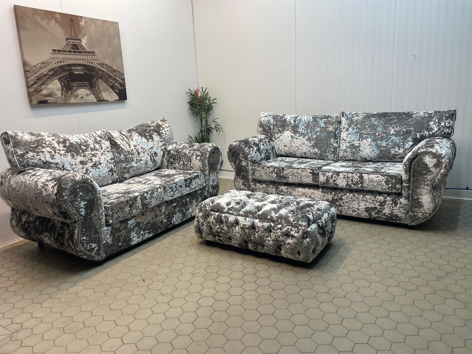 Rino Mercury Lustro Crushed Velvet sofa 2 and 2 seater and footstool Livara Interiors
