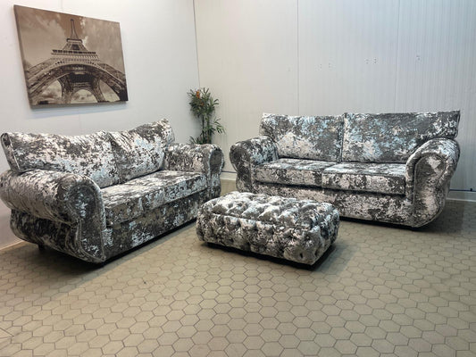 Rino Mercury Lustro Crushed Velvet sofa 2 and 2 seater and footstool Livara Interiors