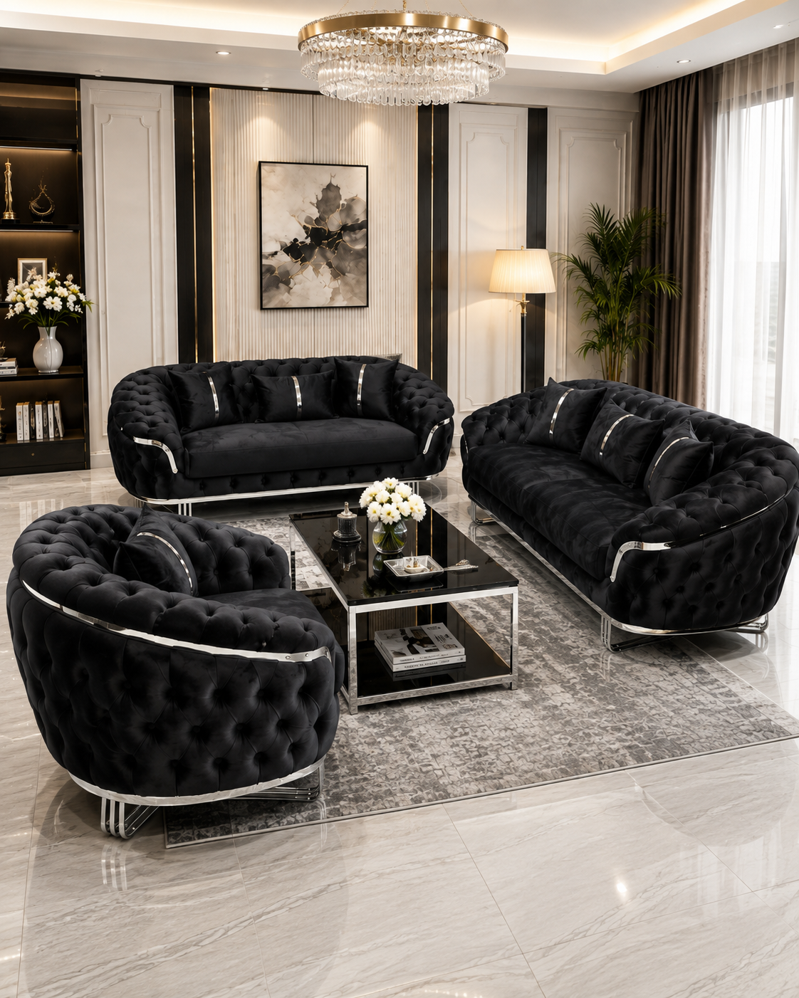 Kingston 3+2+1 Black Velvet Sofa Set – Chrome Detailing | Luxury Modern Suite Bespoke Beds