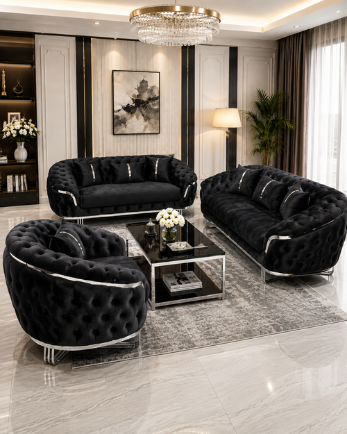 Kingston 3+2+1 Black Velvet Sofa Set – Chrome Detailing | Luxury Modern Suite Bespoke Beds