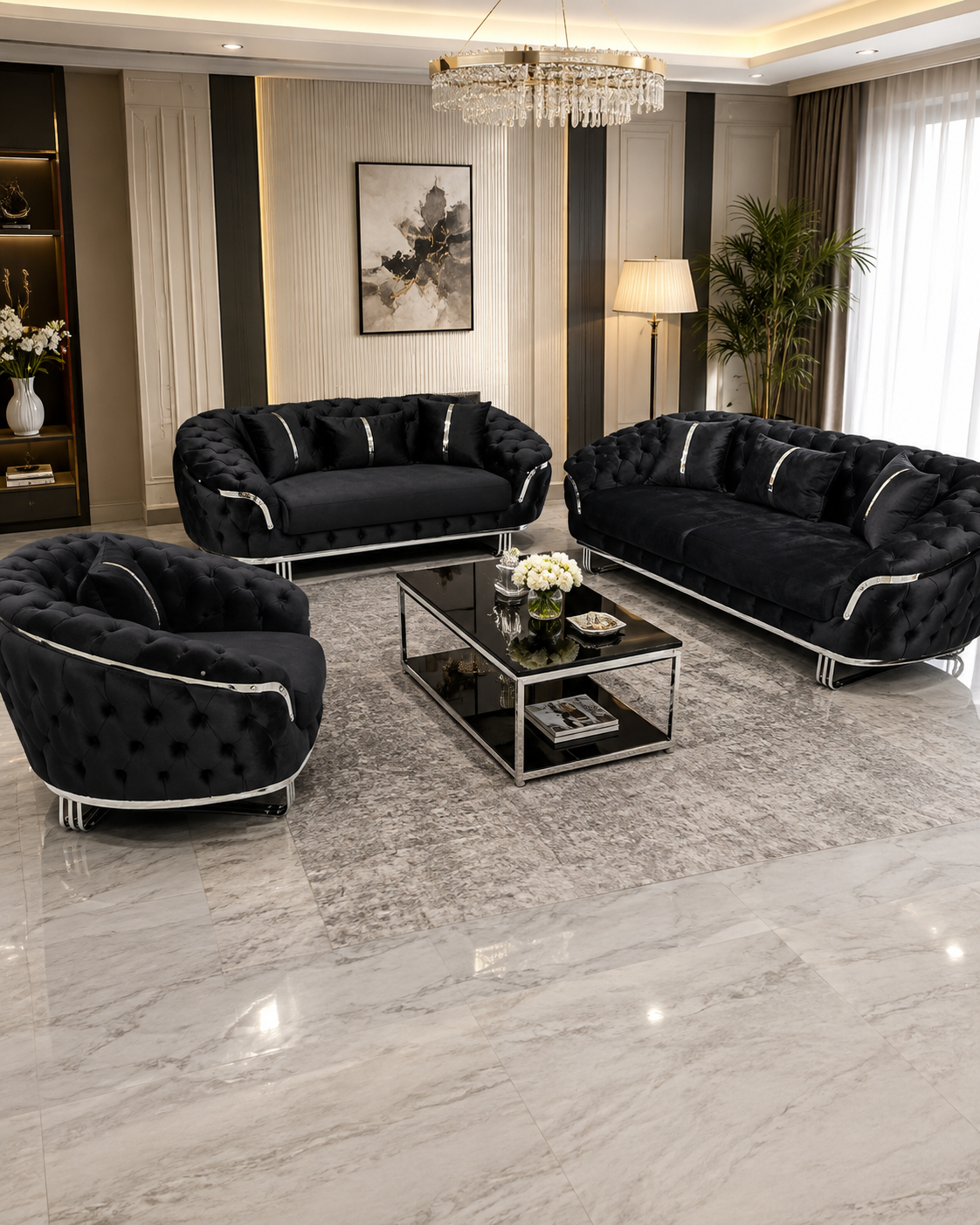 Kingston 3+2+1 Black Velvet Sofa Set – Chrome Detailing | Luxury Modern Suite Bespoke Beds
