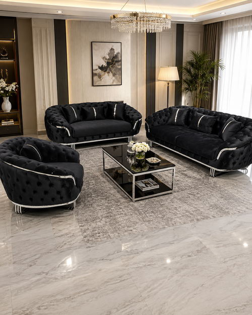 Kingston 3+2+1 Black Velvet Sofa Set – Chrome Detailing | Luxury Modern Suite Bespoke Beds