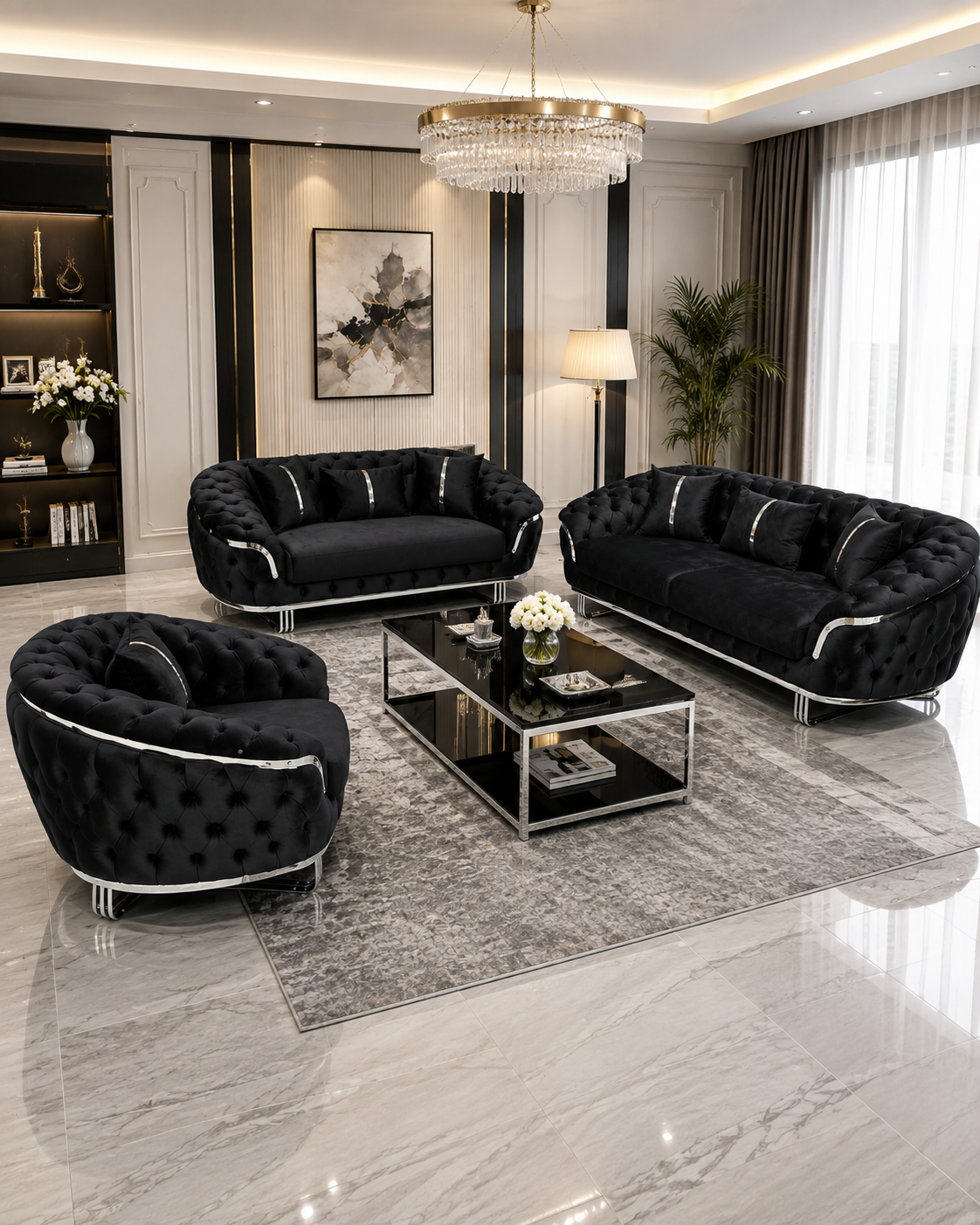 Kingston 3+2+1 Black Velvet Sofa Set – Chrome Detailing | Luxury Modern Suite Bespoke Beds