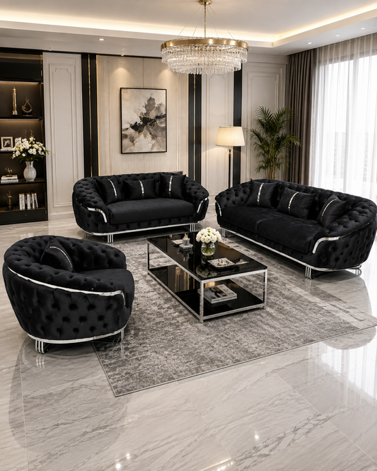 Kingston 3+2+1 Black Velvet Sofa Set – Chrome Detailing | Luxury Modern Suite Bespoke Beds