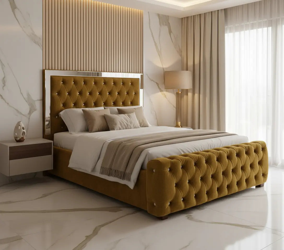Ambassador Mirrored Bed in Plush Velvet – Bespoke Handcrafted Statement Design